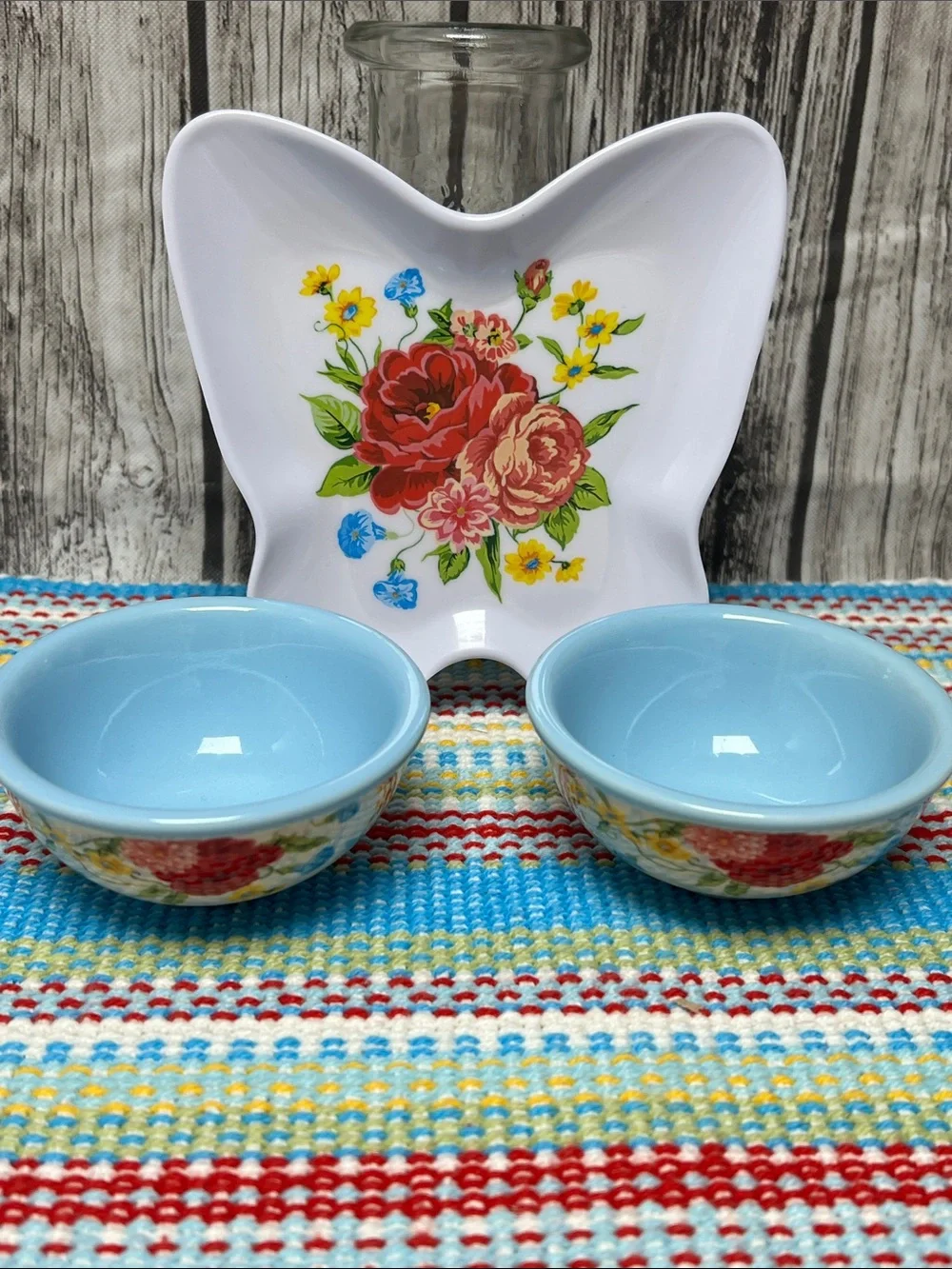 Pioneer Woman set of mini Dipping bowls and butterfly spoon rest-Sweet Rose